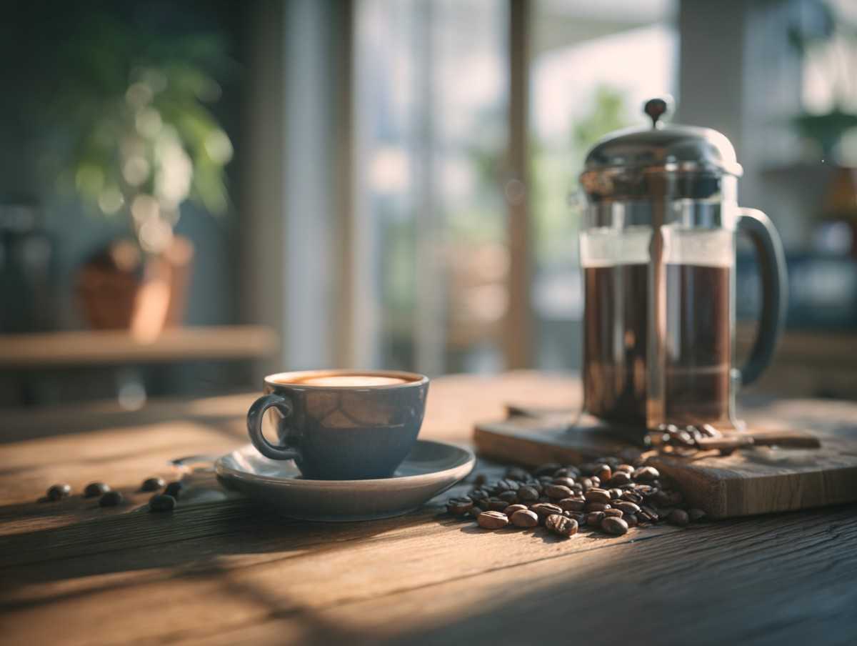 Cozy coffee corner with a steaming cappuccino, French press, and coffee beans on a wooden table in warm morning light