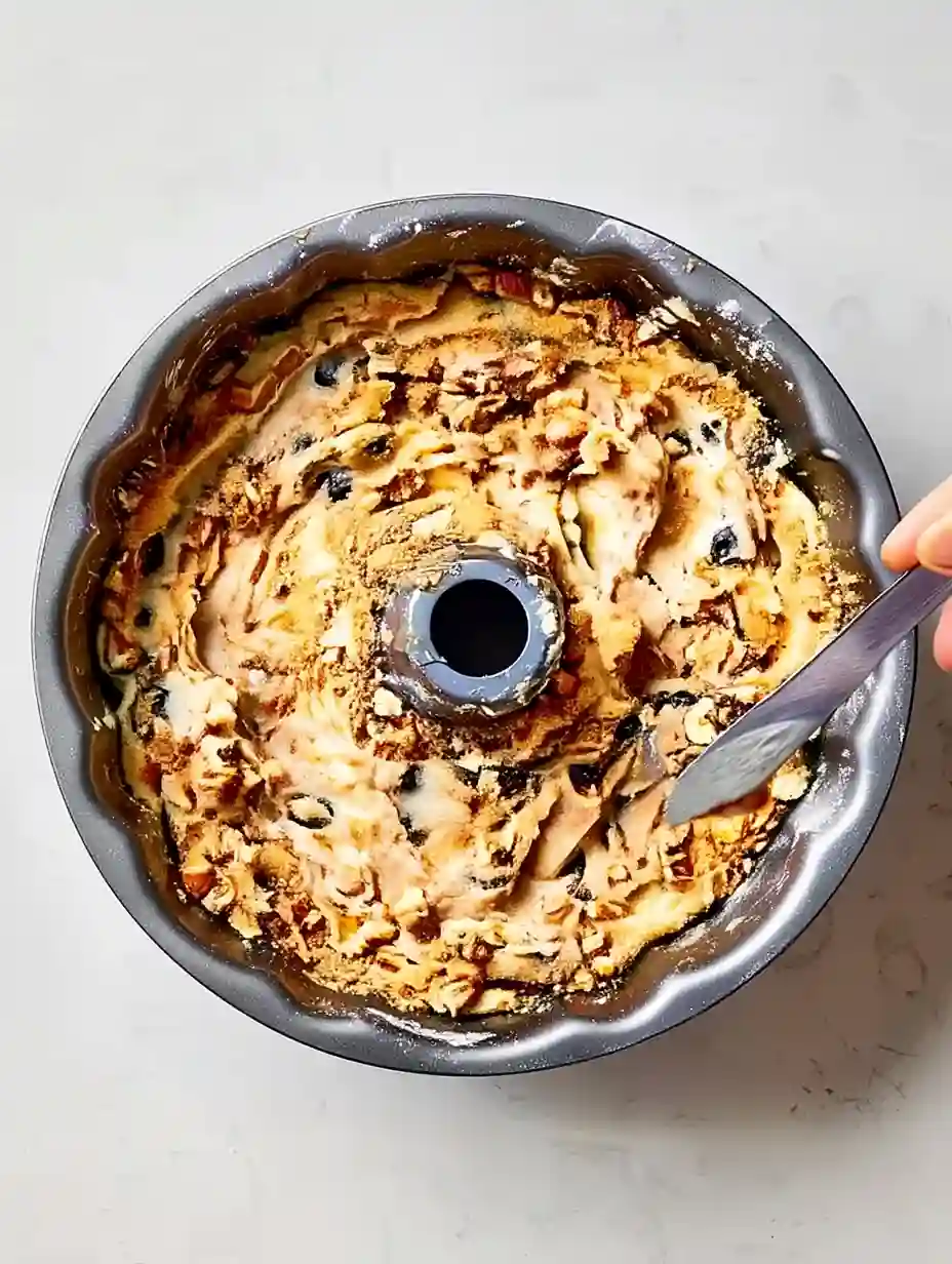 swirling cinnamon sugar into the cake batter inside the bundt pan
title: Swirling the Cinnamon Sugar Layer