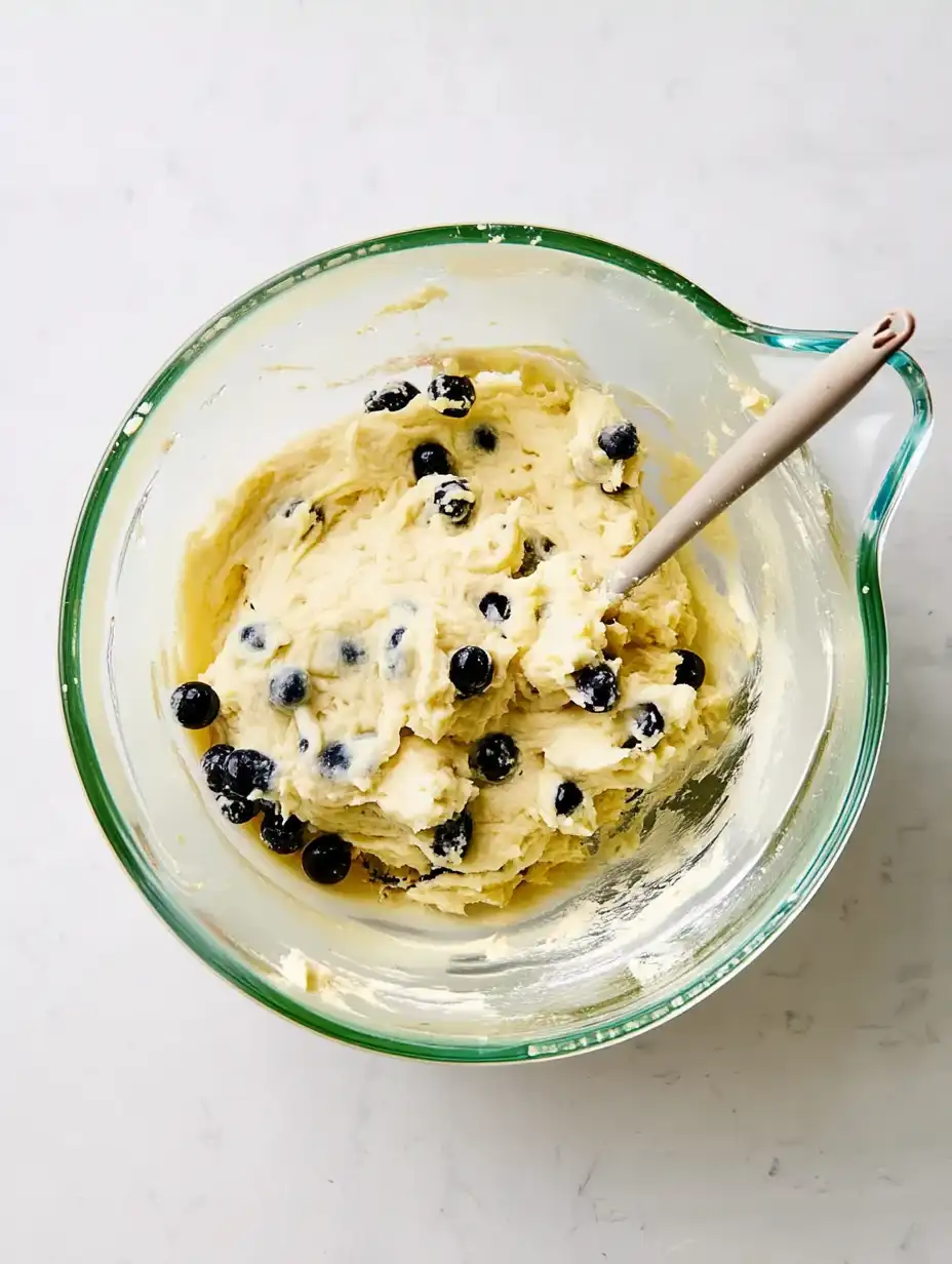 Mixing bowl filled with cake batter and blueberries stirred in