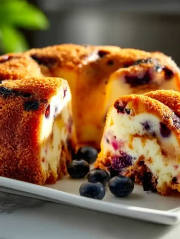 Blueberry sour cream coffee cake showing layers and crumble