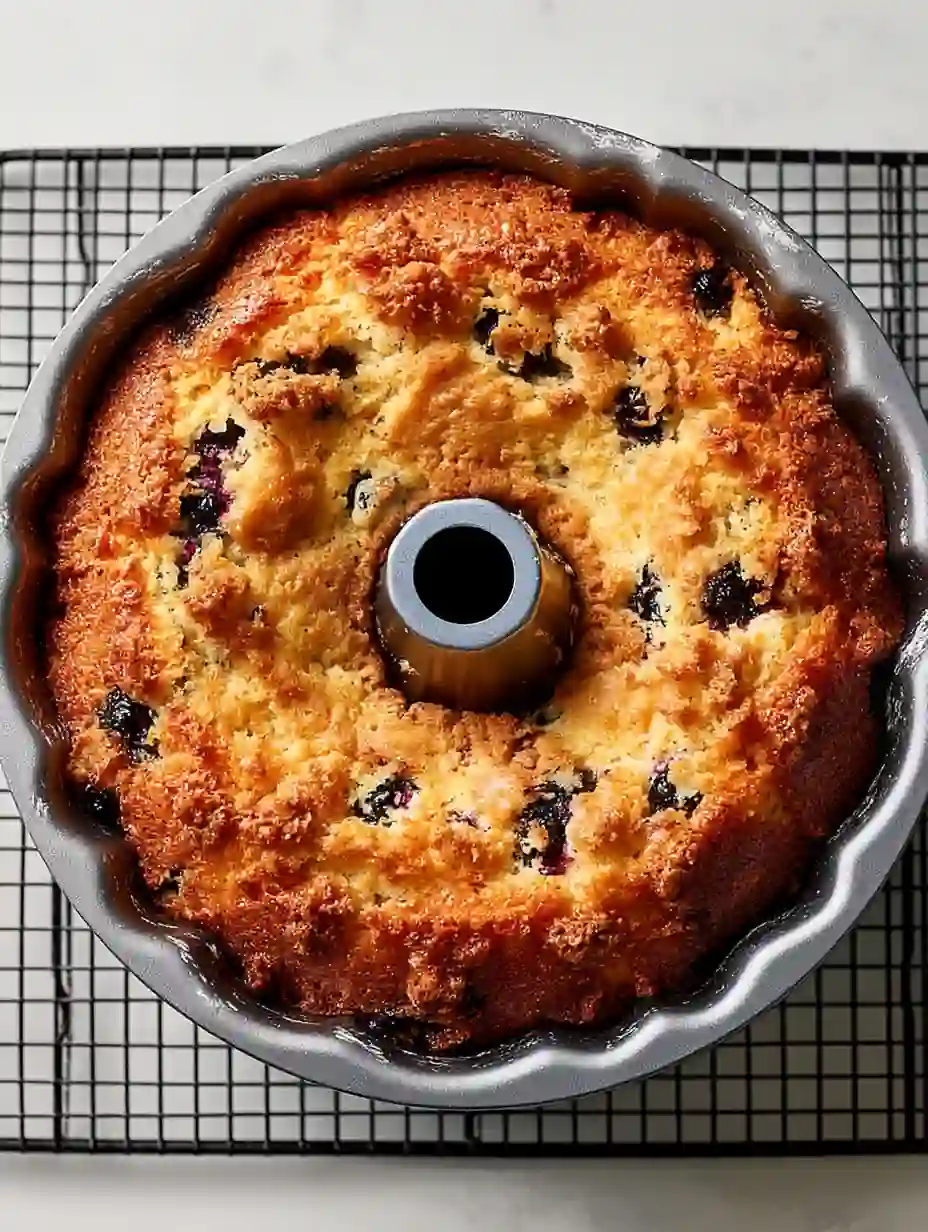 Fully baked blueberry sour cream coffee cake in a bundt pan cooling on a rack