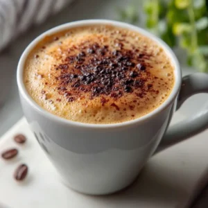 How to make cappuccino at home in a white ceramic mug with rich frothy milk on a white Calacatta marble counter