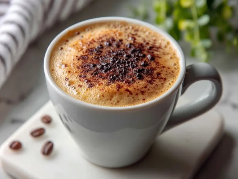 How to make cappuccino at home in a white ceramic mug with rich frothy milk on a white Calacatta marble counter