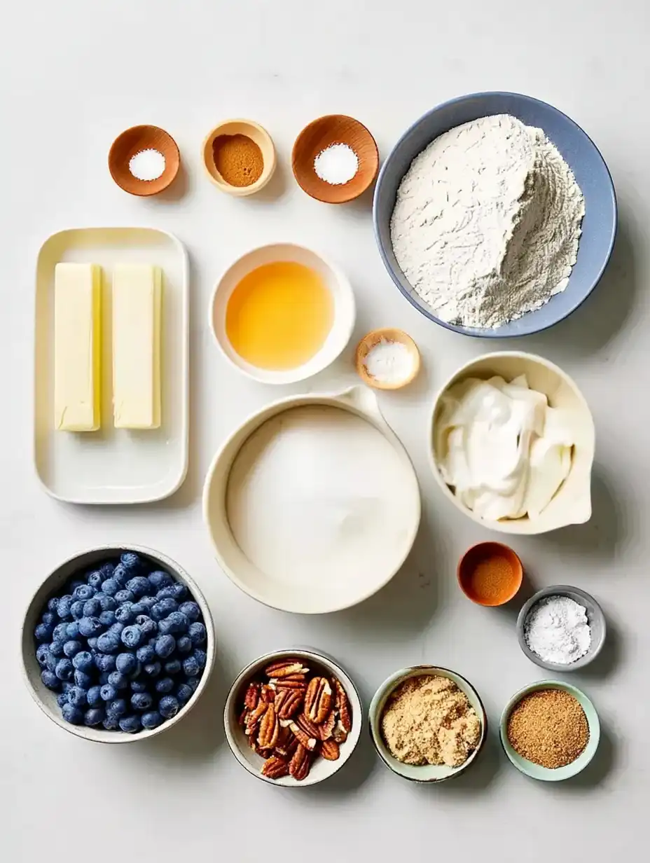 ingredients for blueberry coffee cake arranged on a white surface