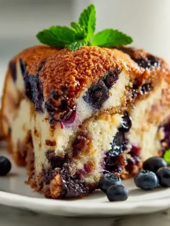 Blueberry sour cream coffee cake slice showing layers and crumble