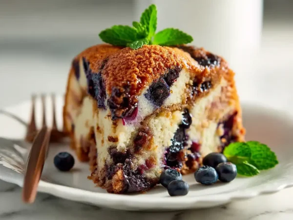 Blueberry sour cream coffee cake slice showing layers and crumble