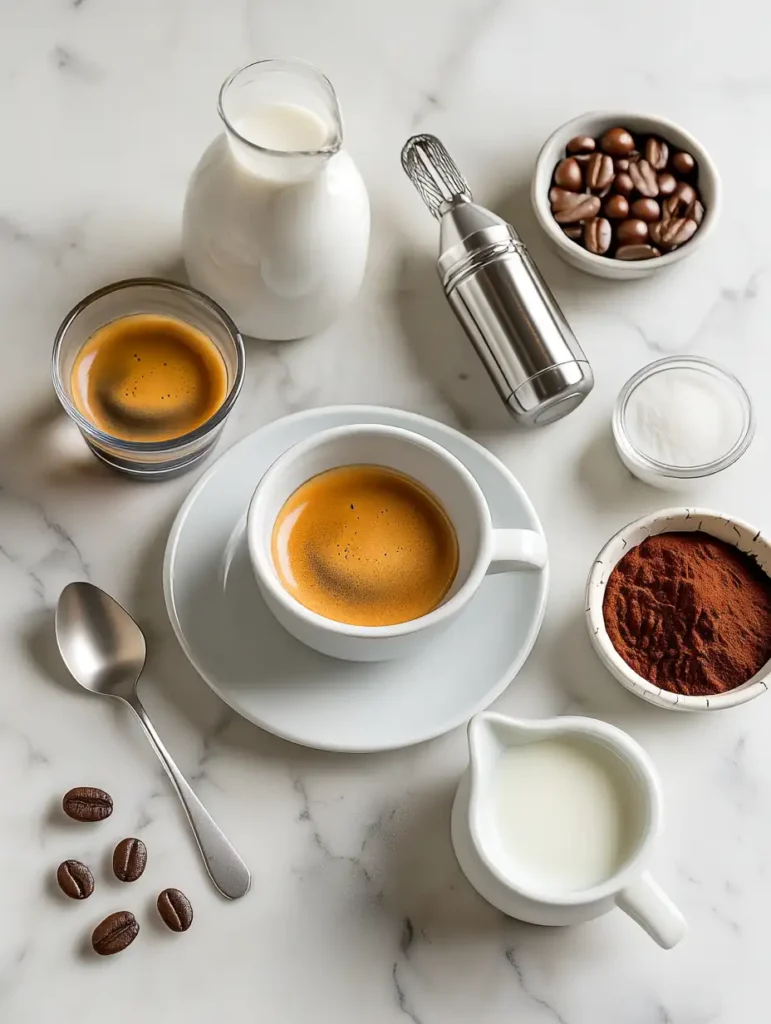 Cappuccino ingredients including espresso, milk, cocoa powder, sugar, and coffee beans