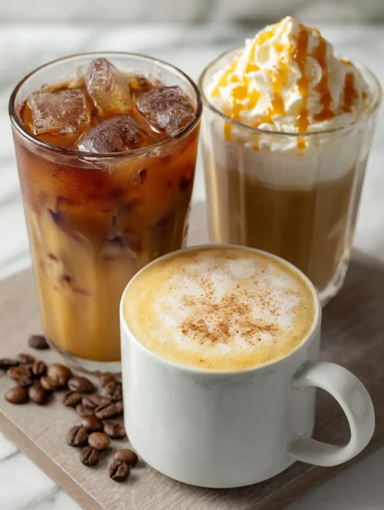 How to make cappuccino variations including iced, French vanilla, and SlimFast on a white marble counter