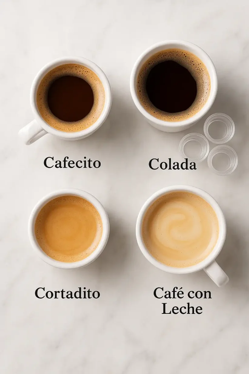 Cubano Coffee variations: cafecito, colada, cortadito, café con leche