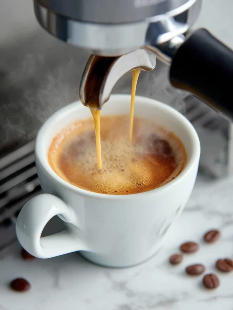 how to make espresso brewing with steam in a white demitasse cup
