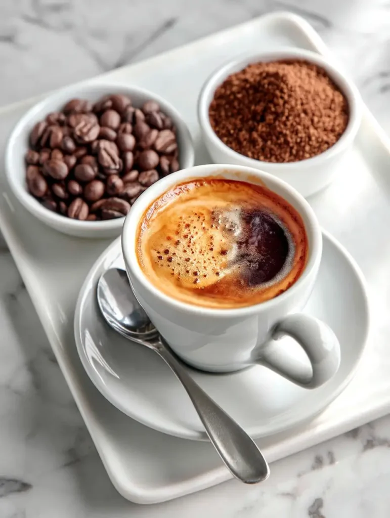 Flat lay of espresso ingredients: beans, ground coffee, and a demitasse cup
