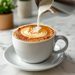 How to make cappuccino with perfect latte art, barista pouring steamed milk in a white ceramic mug