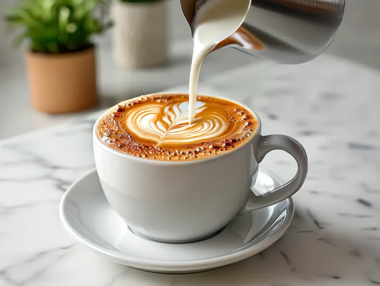 How to make cappuccino with perfect latte art, barista pouring steamed milk in a white ceramic mug