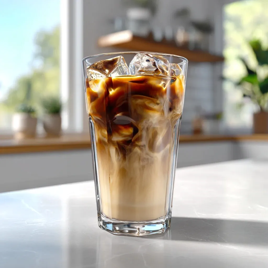 Iced breve coffee served in a clear glass with creamy layers and ice cubes