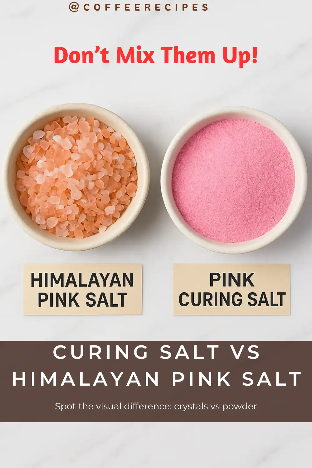 curing salt vs Himalayan pink salt side by side comparison in bowls