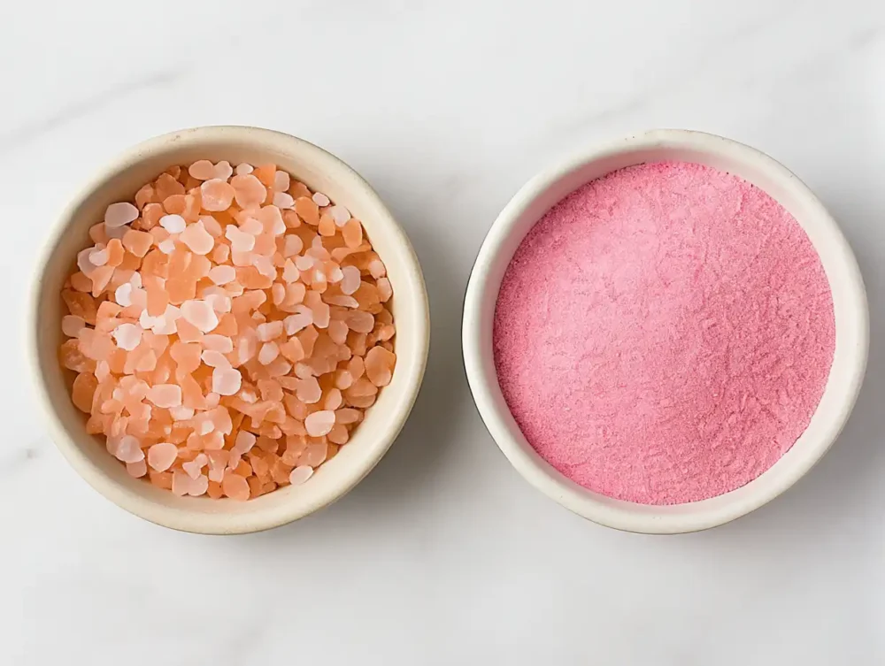 curing salt vs Himalayan pink salt side by side comparison in bowls