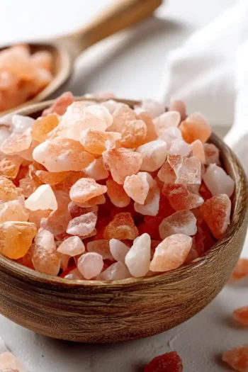 Close-up of Himalayan pink salt crystals in a white ceramic bowl on marble background