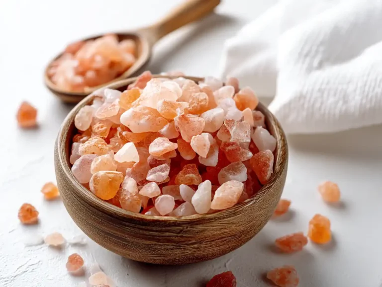 Close-up of Himalayan pink salt crystals in a white ceramic bowl on marble background