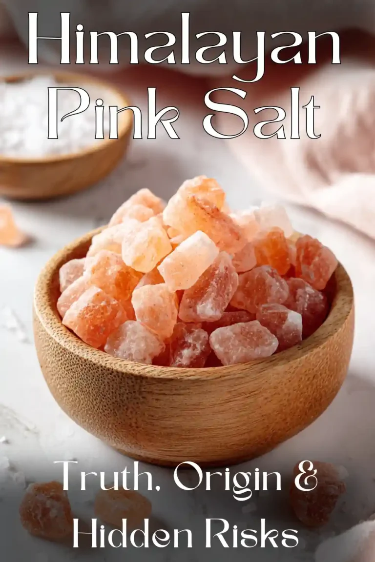 Himalayan pink salt crystals in a wooden bowl on a white marble counter