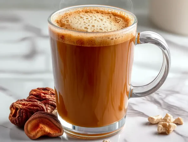 mushroom coffee in a glass mug with dried mushrooms beside it
