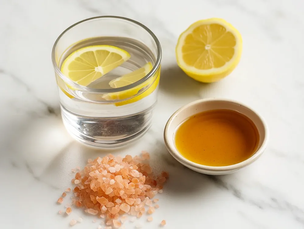 A pink salt recipe with lemon, Himalayan salt, and honey served in a bowl, styled on a marble counter