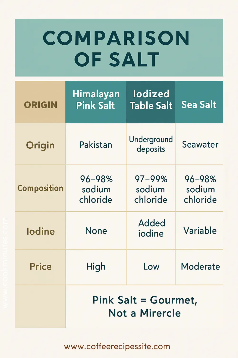 Infographic comparing Himalayan pink salt, iodized table salt, and sea salt by origin, composition, iodine, risks, and price