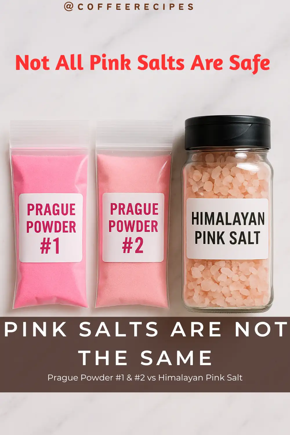 Prague Powder #1 and #2 curing salts vs Himalayan pink salt packaging