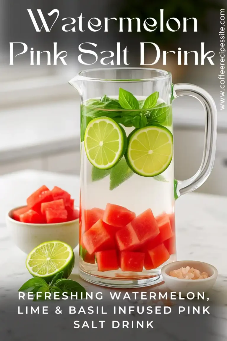 Glass pitcher with watermelon, lime, basil, and Himalayan pink salt water, styled with fresh ingredients on marble counter