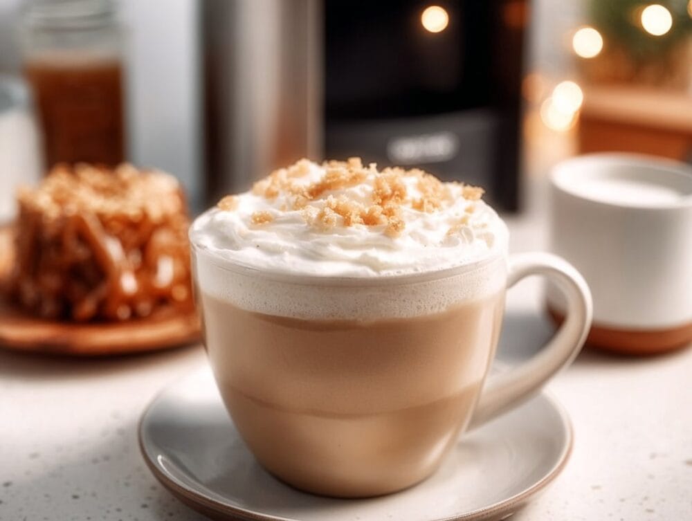 Enjoy your homemade Caramel Brulee Latte with a whipped cream topping