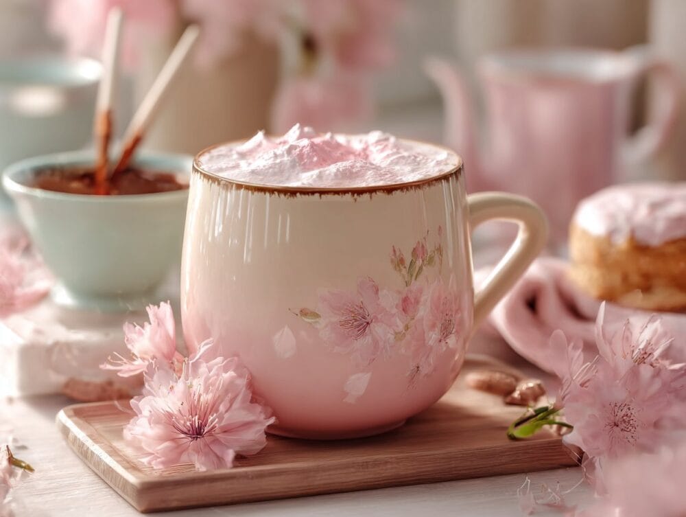 Cherry Blossom Latte served with whipped cream in a charming setting