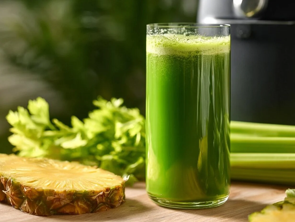 A glass of vibrant green juice made with four fresh ingredients.