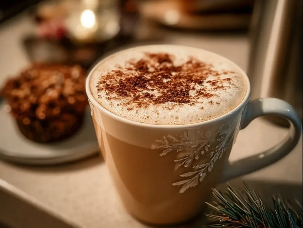 A cup of Christmas Chai Latte topped with whipped cream and spices