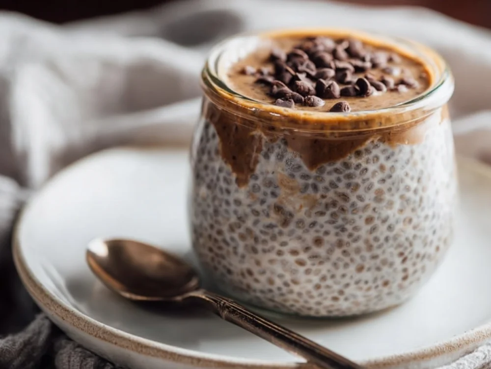 Creamy Coffee Chia Pudding with chocolate shavings and coffee beans, a delightful healthy dessert.