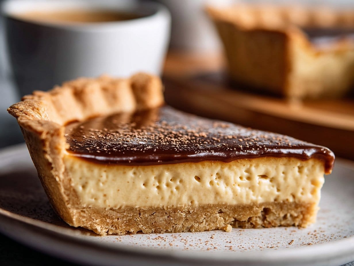 Sliced Espresso Custard Pie highlighting its rich, creamy texture for an enticing vegan dessert.
