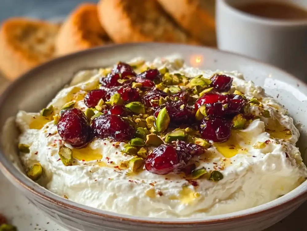 Delicious whipped feta dip with honey, pistachios, and cranberries served with crackers
