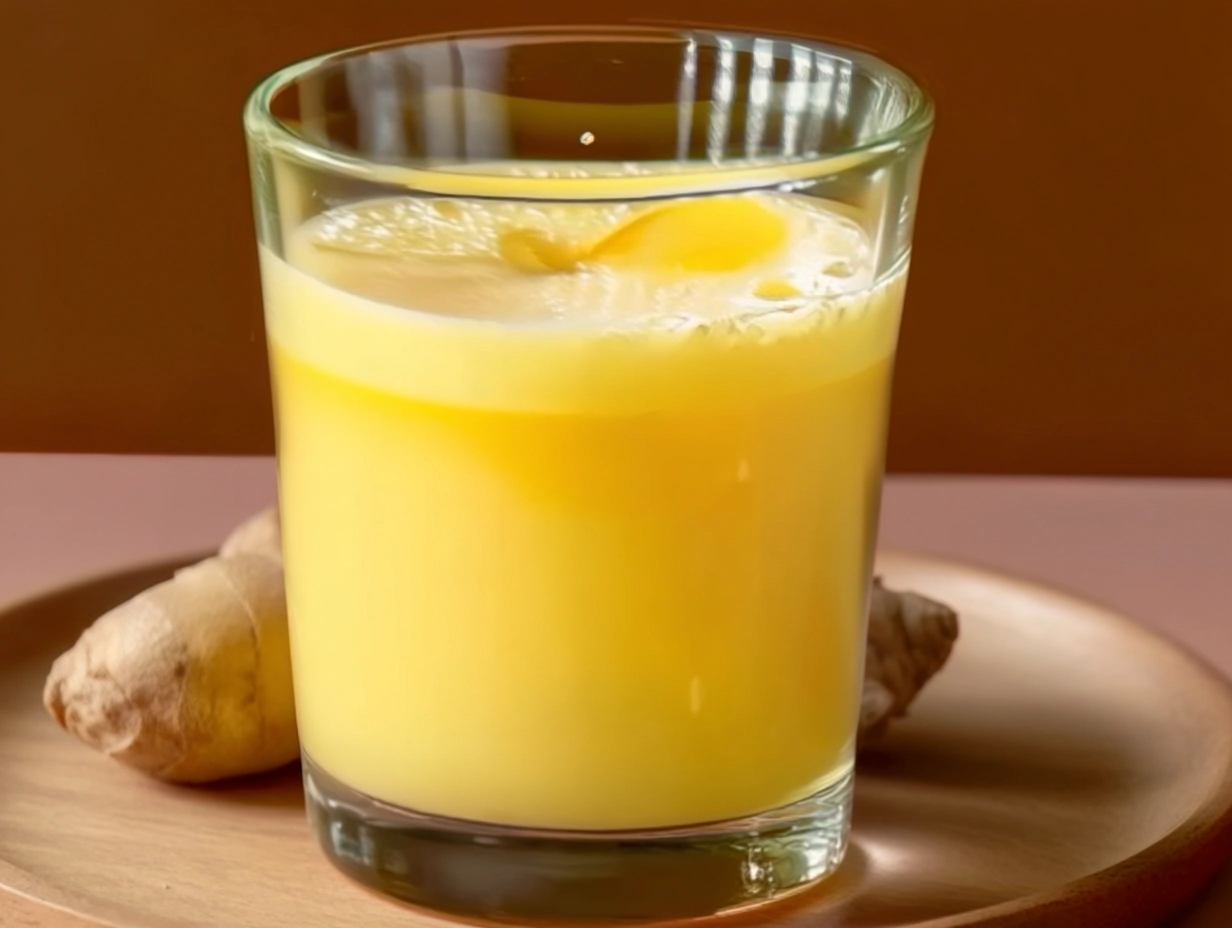 Zesty ginger shots in a glass with fresh ginger root nearby