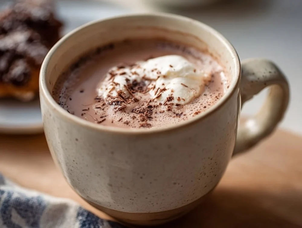 Hot chocolate topped with mini marshmallows made from Protein Hot Chocolate Recipe, healthy and delicious