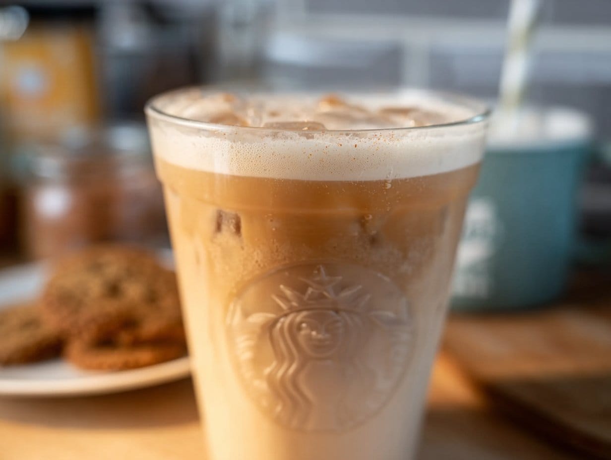 Iced Gingerbread Chai Tea Latte in a glass with ice, topped with frothy milk.