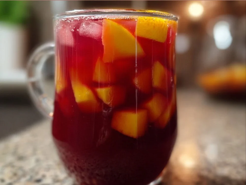 The vibrant Mango Hibiscus Iced Tea, beautifully presented with mint and lemon
