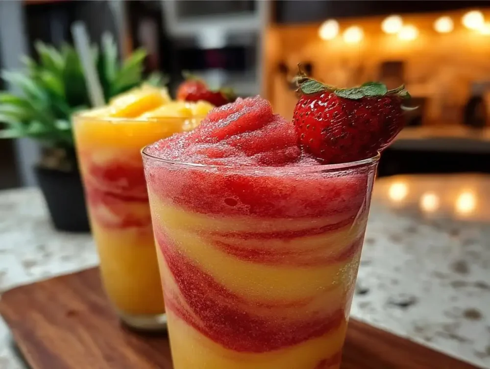 A vibrant image of Pineapple Strawberry Swirled Slushies showcasing its delicate layers and enchanting colors