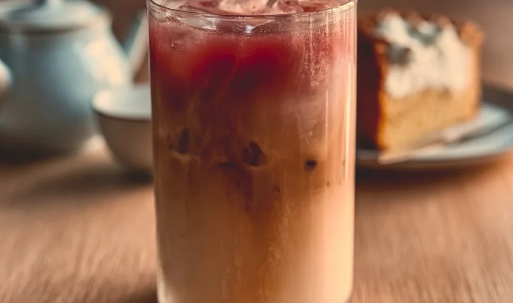 Raspberry Iced Latte featuring vibrant colors, sweet raspberries, and iced espresso.