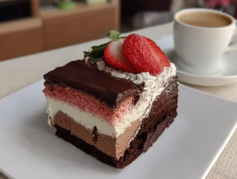 A beautifully layered Strawberry Chocolate Ombre Cake showcasing pink strawberry and chocolate layers.