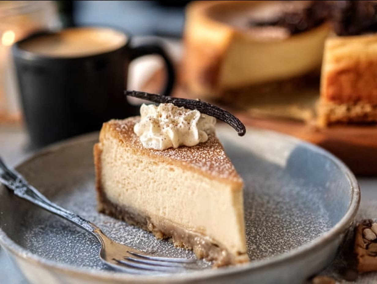 A sumptuous slice of Vanilla Bean Brown Butter Cheesecake, beautifully presented and ready to savor.