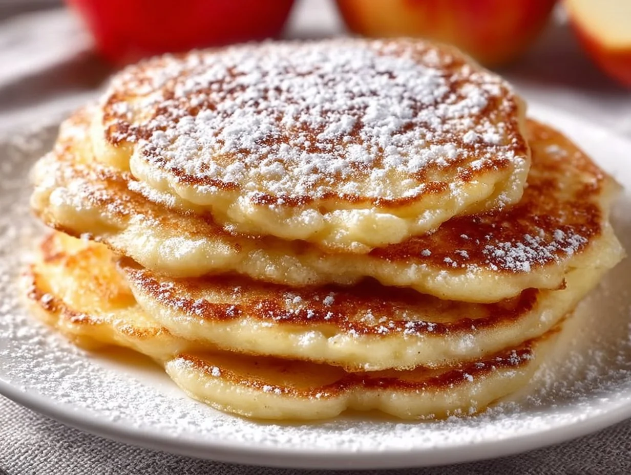 Fluffy apple yogurt pancakes served with syrup and fruit