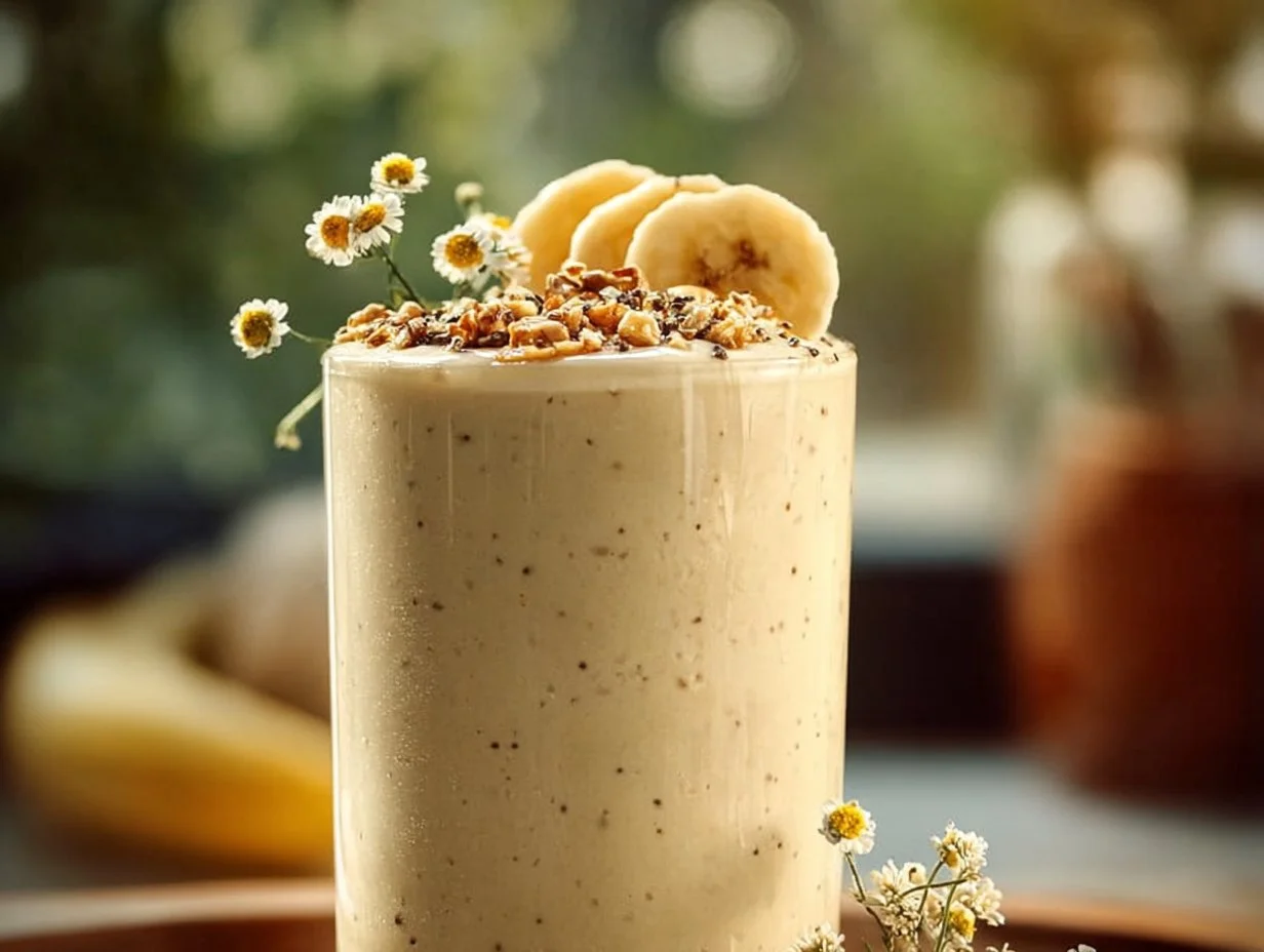 A delicious Banana Chamomile Tea Smoothie garnished with banana slices and chamomile flowers.