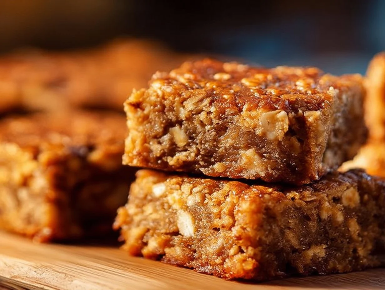 Healthy homemade banana oatmeal bars with oats and ripe bananas