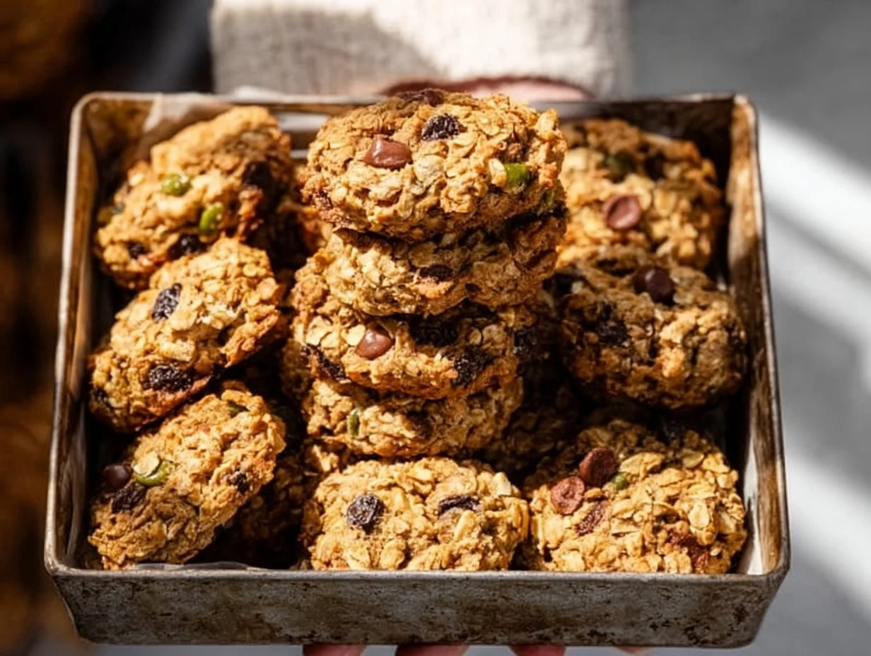 A plate of homemade breakfast cookies with oats and fruits