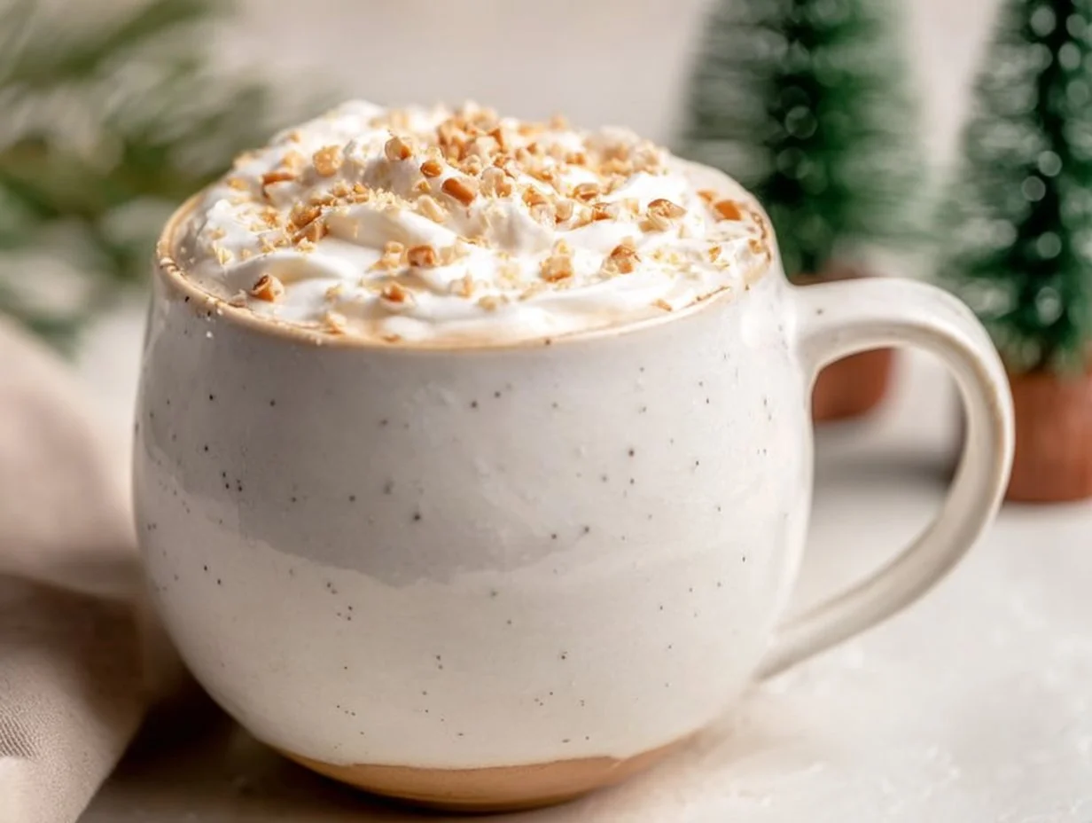A delicious Caramel Brulee Latte topped with caramel drizzle and whipped cream.