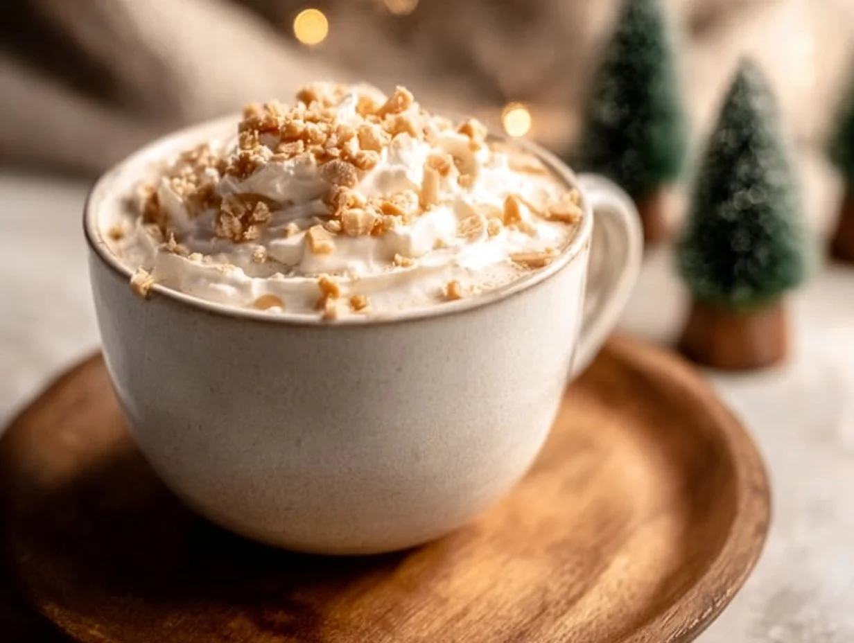 Caramel Burnt Cream Latte topped with whipped cream and caramel drizzle