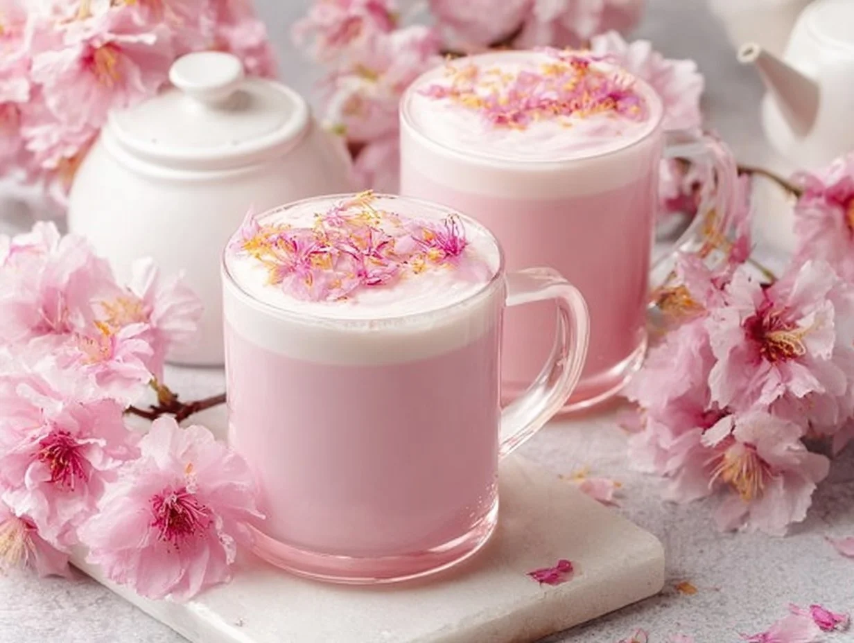 A beautifully crafted Cherry Blossom Latte topped with pink foam art.